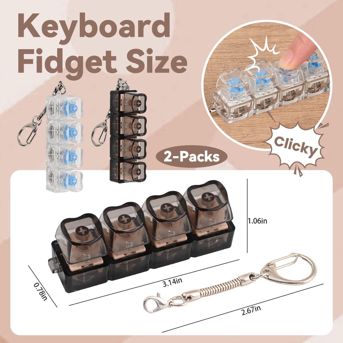 2 Pcs Keyboard Fidget Toy, Loud & Silent Fidget Keychain with LED Lights, Stress Relief Clicker Fidget Keyboard, Boost Focus and Calm Anxiety for Library Office Home (Heart)