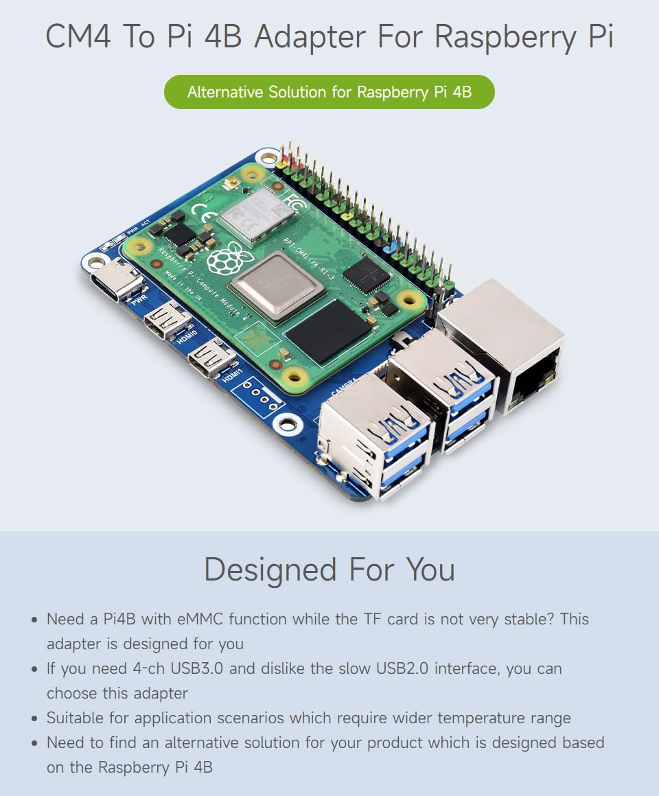 Waveshare CM4-to-Pi4-Adapter for Raspberry Pi CM4, Alternative Solution for Raspberry Pi 4B(Can be Used as Pi 4B by Combining The Adapter with CM4)