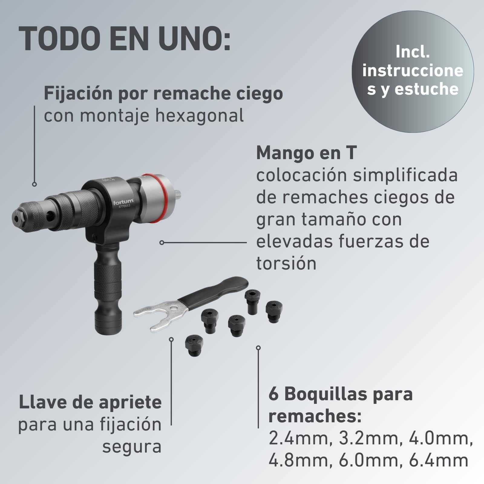 Accesorio para Remachadora para Taladro y Atornillador | Herramienta de Remachado para Aluminio, Acero y Acero Inoxidable | Adaptador para Remaches de 2,4-6,4 mm | Pistola de Remaches Adaptador