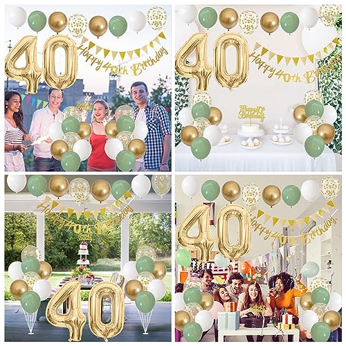 Image of 40th Birthday Decorations for Women, Sage Green White Gold 1986 Happy 40th Birthday Decorations, 40 Years Old Decoration Include Banner Garland Balloon Cake Topper Decor