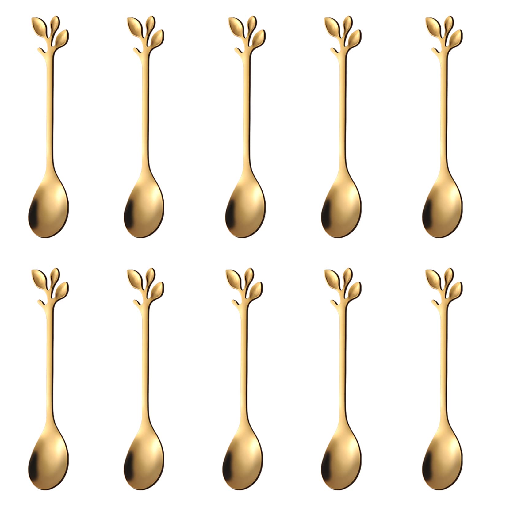 Stainless Steel Gold Leaf Coffee Spoons Creative Tableware Dessert Spoons Gold Serving Spoons Small Spoons for Condiments Mixing Sugar Stir Ice Cream Fruit Cake Teaspoon (10 PCS Gold Spoon) — image 1