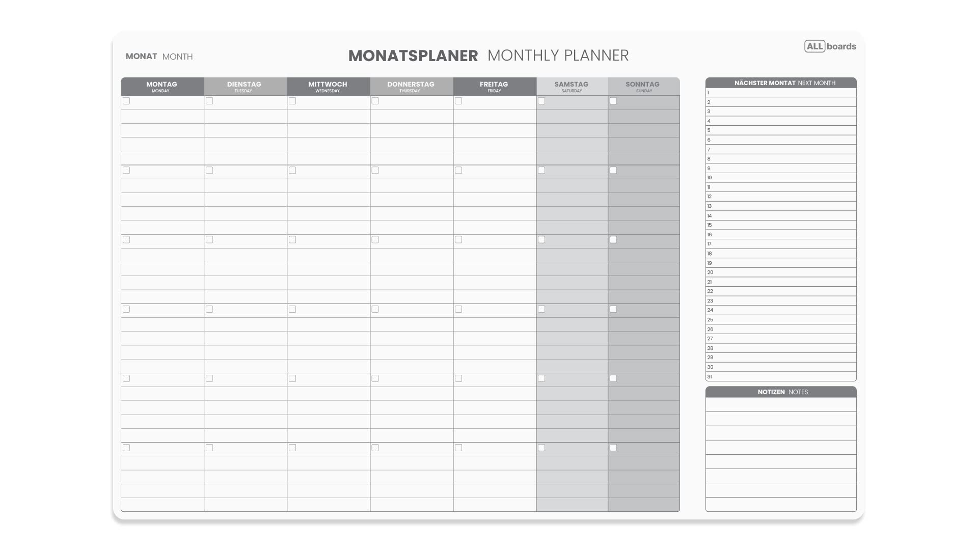 ALLboards Magnetischer Monatsplaner 90x60cm für Monatsplanungen, Wochenplaner Wandkalender Memoboard Magnettafel auf Deutsch