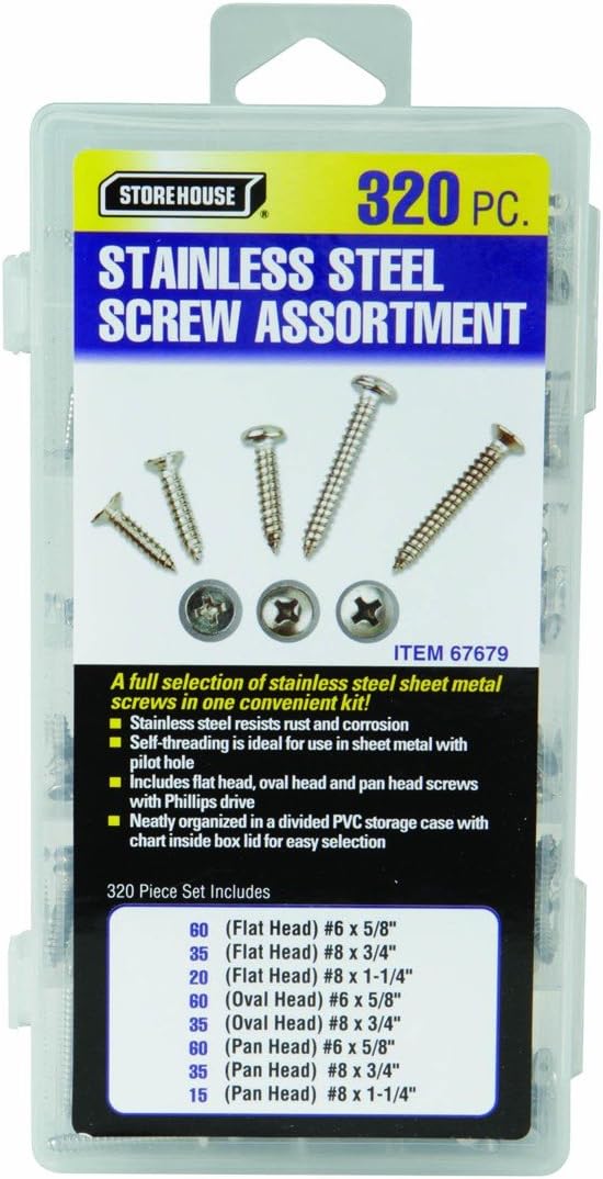 320 Piece Stainless Steel Sheet Metal Screw Assortment Storehouse