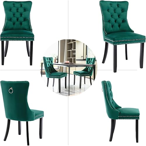 Miniatura 7 de Juego de 4 sillas de comedor de terciopelo verde, sillas de comedor tapizadas con anillo trasero y patas de madera maciza, sillas de cocina con