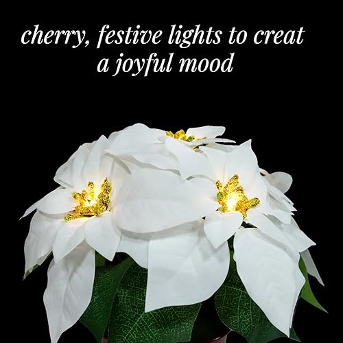 Miniatura 7 de Paquete de 2 decoraciones navideñas artificiales de flores de pascua preiluminadas, flores de Pascua artificiales (blanco, 10)