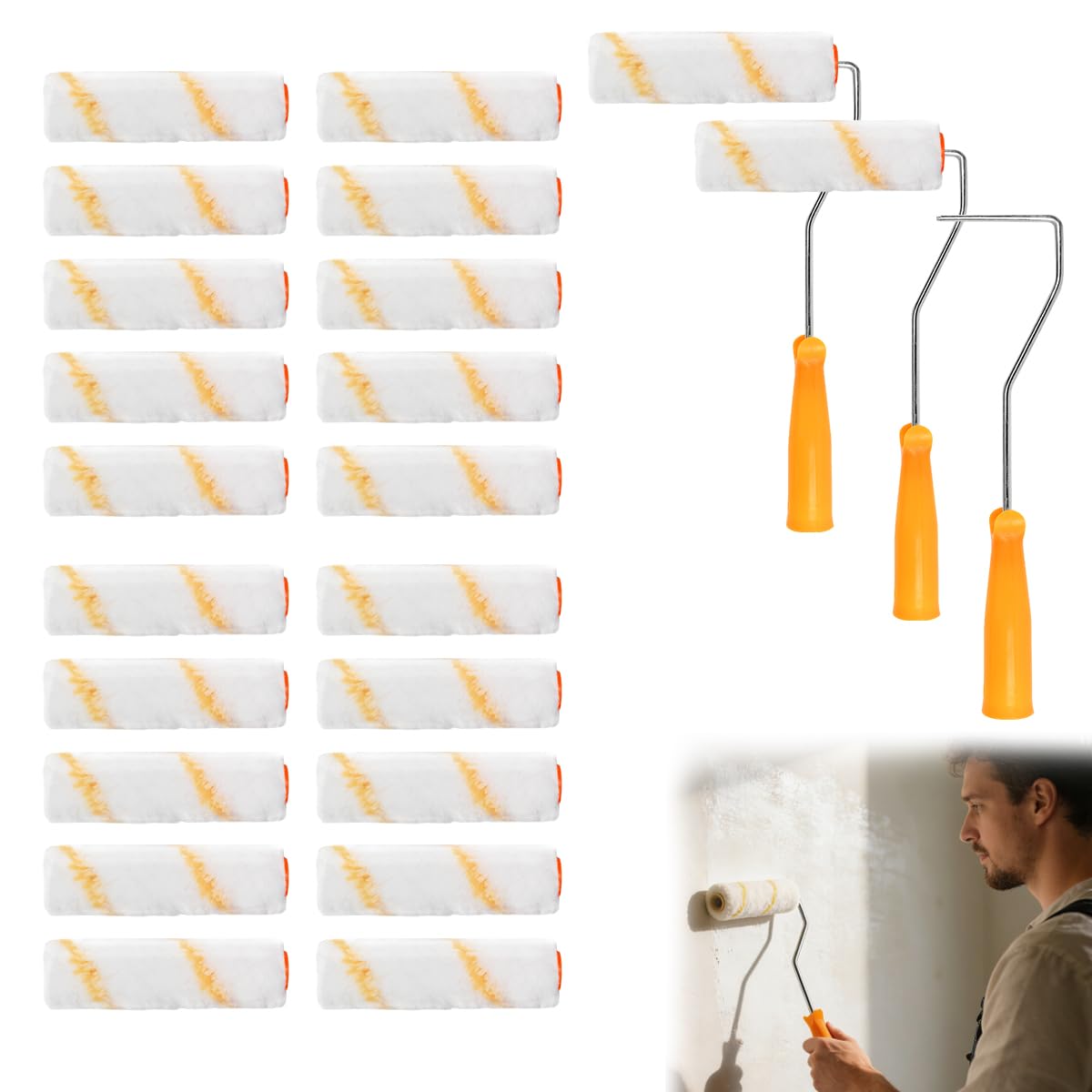 60 Piezas Set de Rodillos de Pintura Pequeños,10 CM Rodillo Pintura Pared Rodillo de Pintura Pequeño con 3 Mango de Rodillos,Juego de Cepillos para Pulgar Amarillo para Renovaciones Paredes | Rodillos de espuma para puertas, muebles, radiadores, paredes y