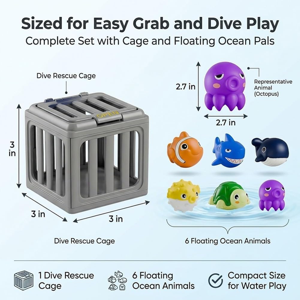 Pool Diving Toys, Underwater Dive Rescue Game Set with Pool Toy Cage and Floating Ocean Pals, Dive Treasure Hunt Water Play for Swim Training, Summer Beach Lake Bath Party Gift(All)