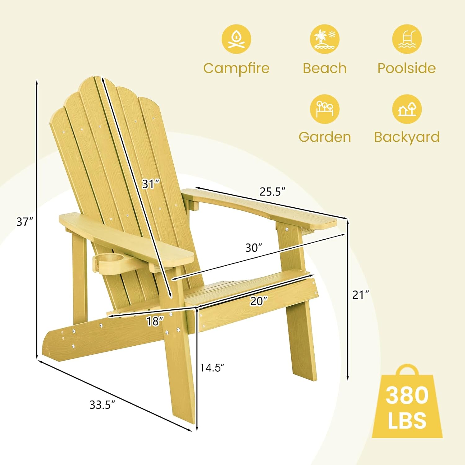 ORALNER Outdoor Adirondack Chair with Cup Holder, Plastic Resin Outdoor Deck Chair, 380 LBS Capacity, for Patio, Backyard, Porch, Balcony, Poolside, Garden, Lawn, Firepit (4, Yellow)