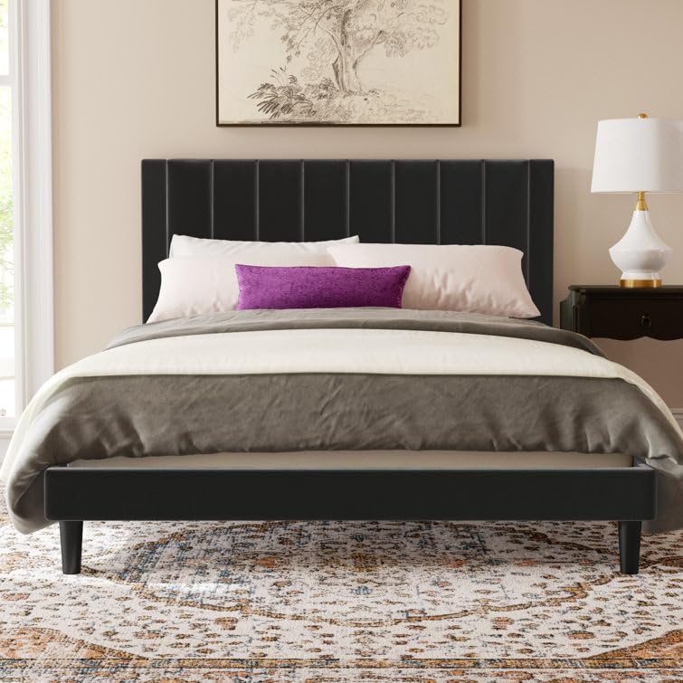 Image of HITHOS Modern Upholstered Queen Size Bed with Wingback Headboard | Wooden Double Bed Cot Palang Without Storage for Living Room Bedroom Home (Black) 1 Year Warranty