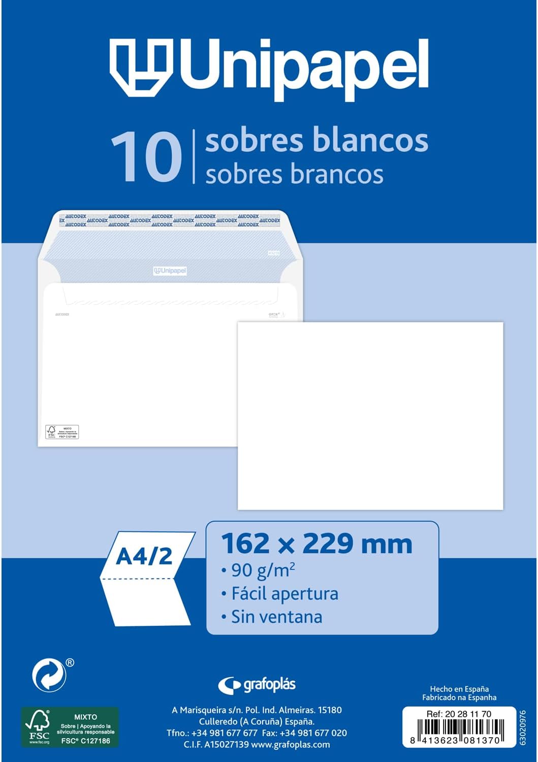 Unipapel | Pack 10 Large Envelopes | 90g White Paper | Perfect for A4+ Documents or Folio Size | Measures: 260x360mm | Autodesk Silicone Self-adhesive Strip Closure | Easy Opening | FSC