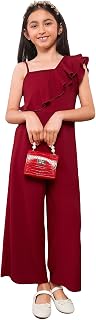 Girl's Ruffle Trim Flounce Sleeve Asymmetrical Neck Sleeveless High Waist Party Jumpsuit Wide Leg Pants