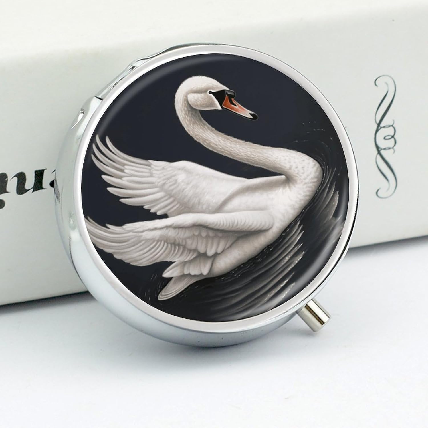 White Swan Pill Box Portable Mini Travel Pill Organizer Holder 3 Compartment Decorative Round Pills Case Exquisite Daily Vitamin Container for Cod Liver Oil image 4