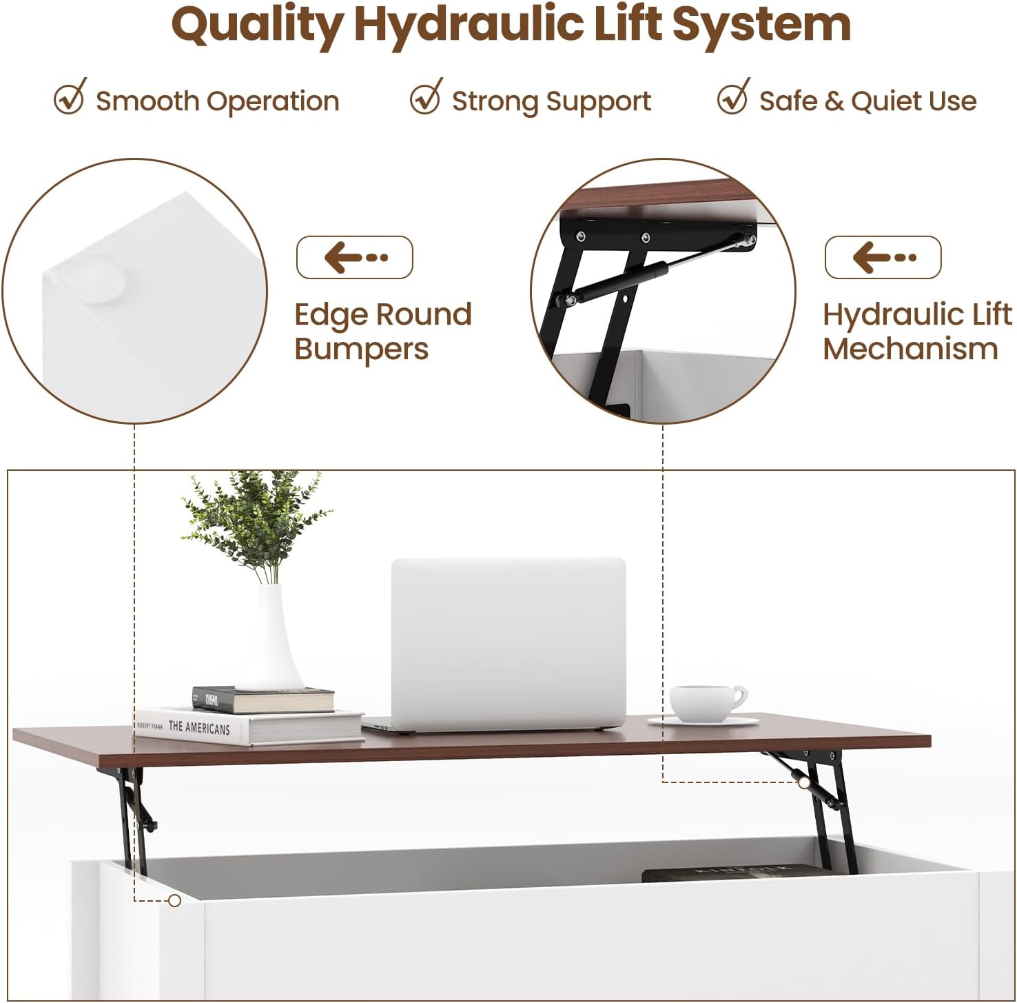 GOFLAME Lift Top Coffee Table, Center Table with Lift Tabletop, Hidden Compartment, 3 Open Shelves, Middle Leg, Anti-Slip Foot Pads, Modern Accent Table for Living Room, Reception Room (White)
