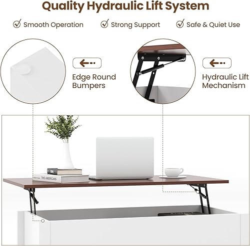 Miniatura 5 de GOFLAME Mesa auxiliar elevable, mesa central con mesa elevadora, compartimento oculto, 3 estantes abiertos, patas medias, almohadillas