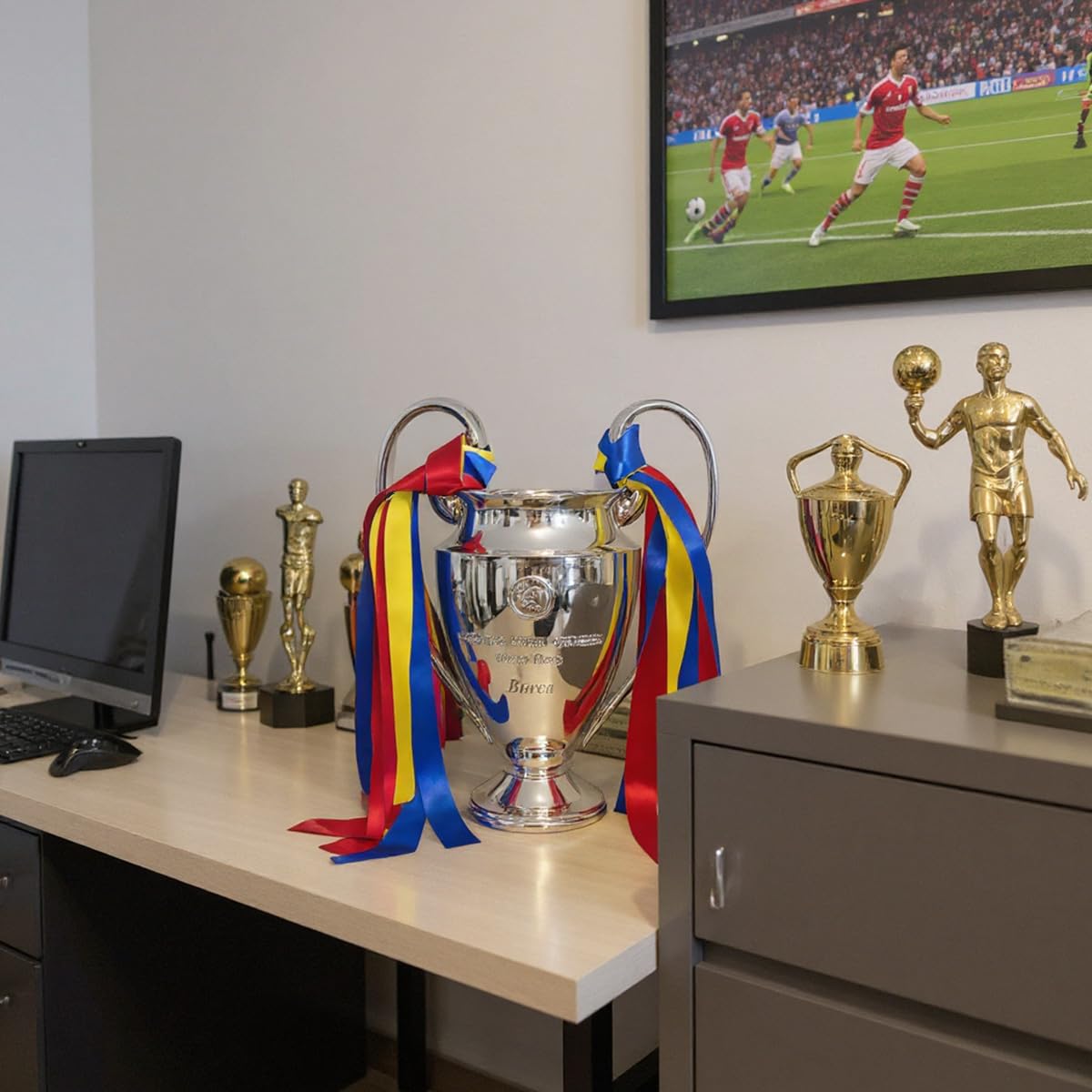 Réplique Trophée de la Ligue des Champions,Trophées des Champion d'europe De Football avec 3 éVentails De Rubans De Couleur Décorations pour La Maison Collection Ornements D'affichage,32cm