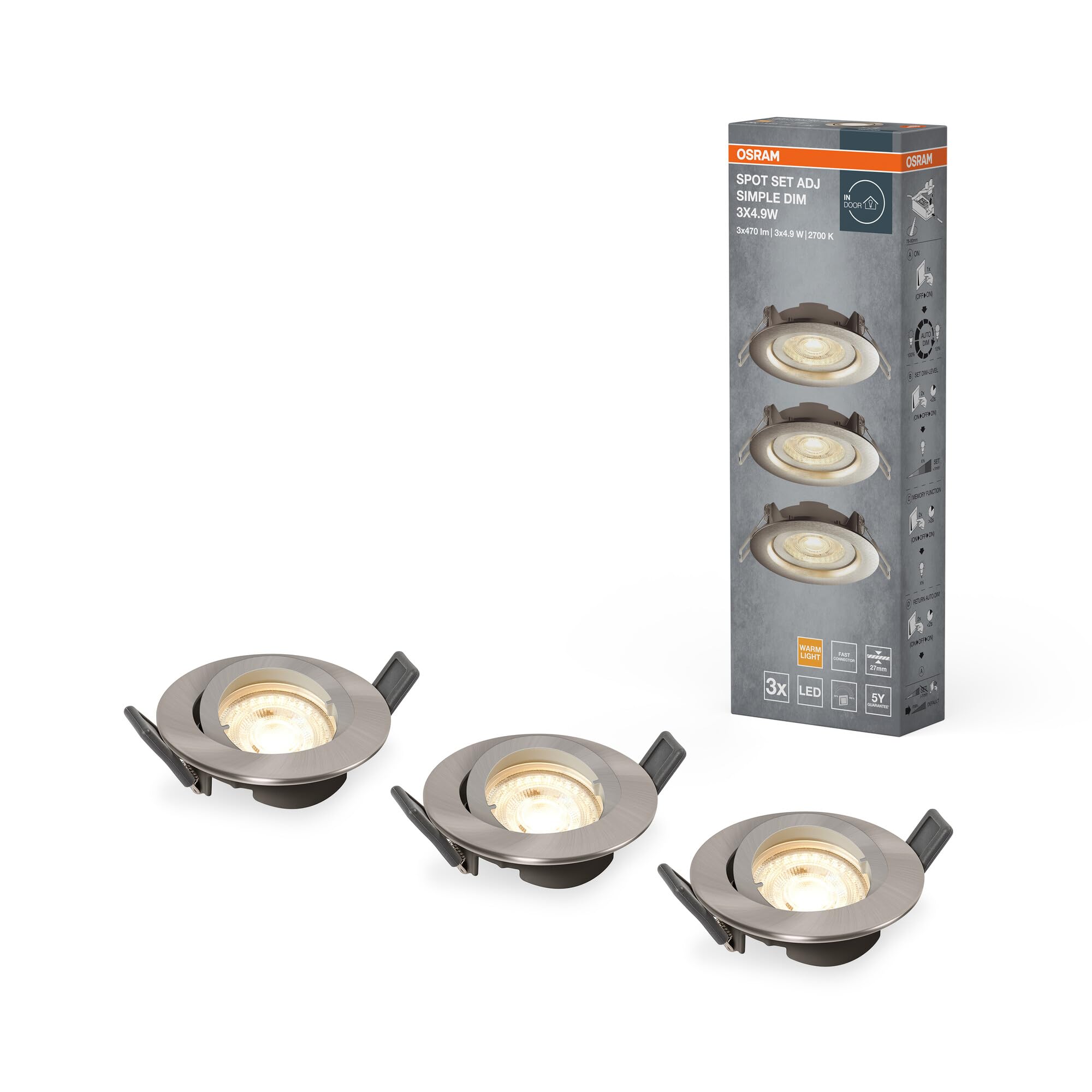 Osram Einbaustrahler-Set stufenlos dimmbar über Wandschalter, aus Aluminium, mit integriertem LED-Modul und Treiber, IP20-Schutz, für Innenraumanwendungen wie abgehängte Decken