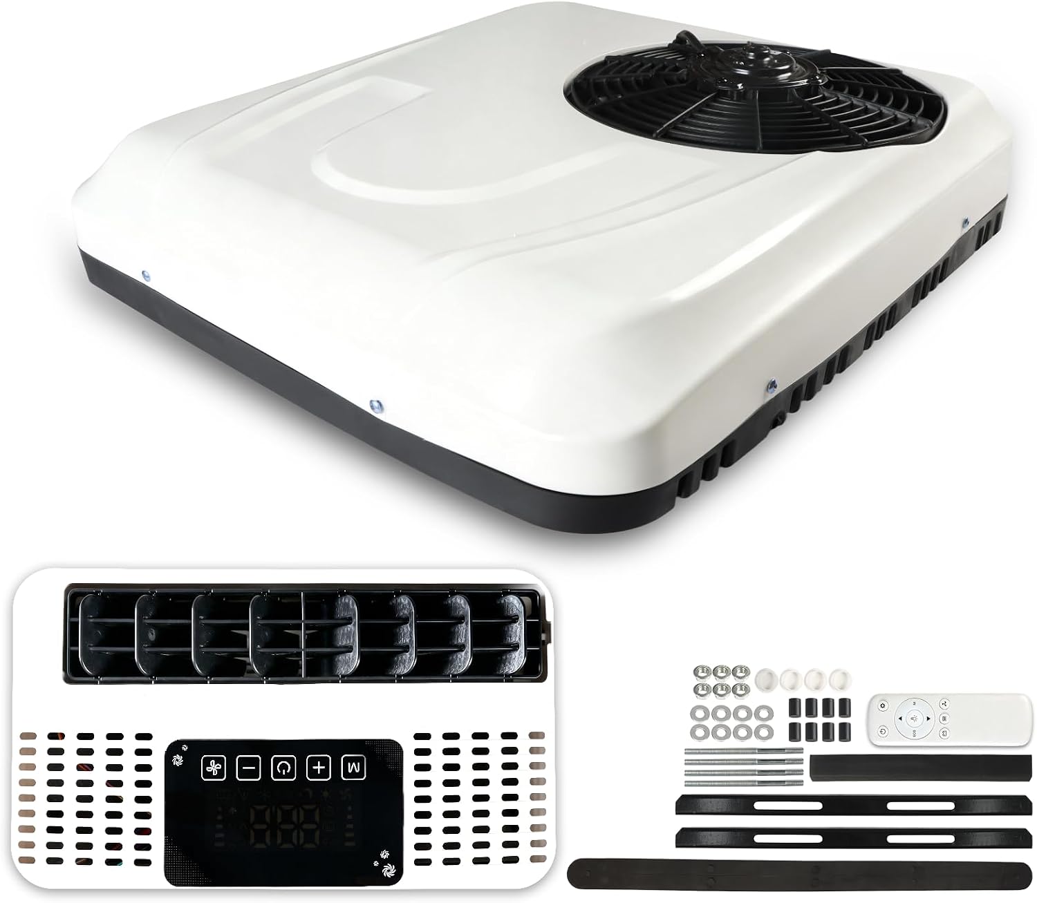 12V RV Air Conditioner, Low-Profile Rooftop DC RV AC Unit with Heat, 10000 BTU Cooling and 3500 BTU Heating, Low Noise 12V AC Unit for RVs, Vans, Trucks, Boats, Campers（Black)