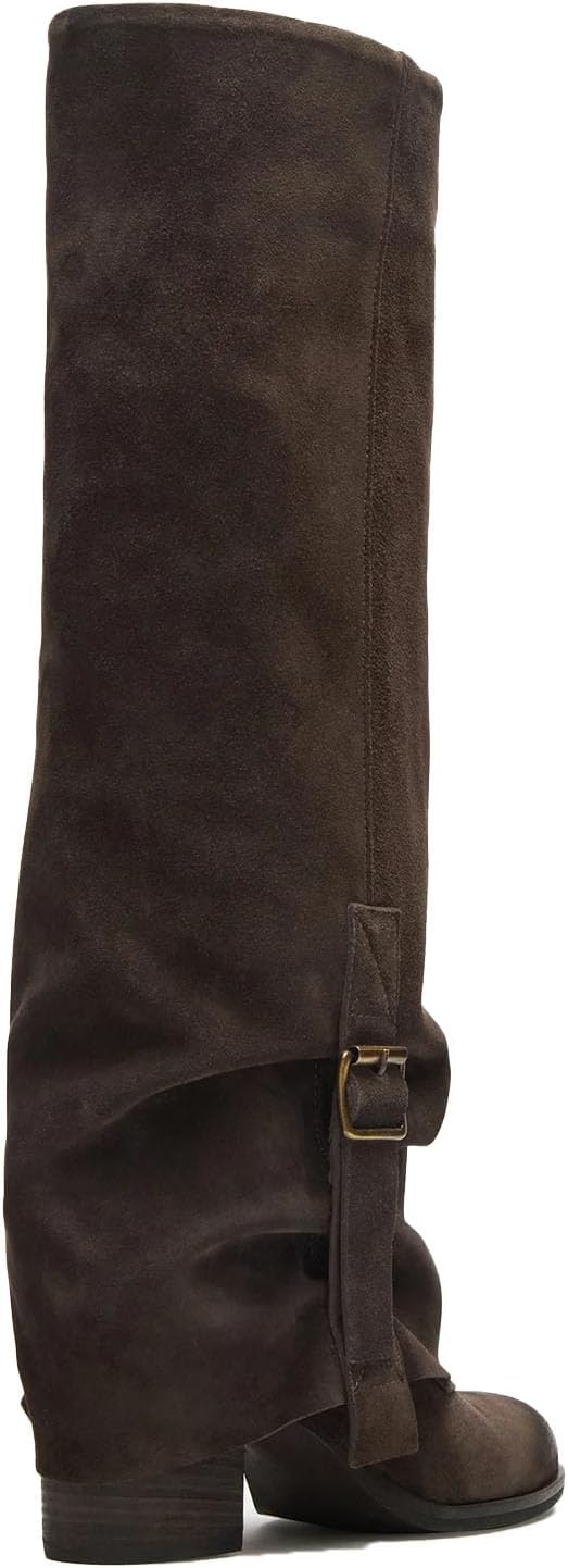 Fold Over Boots for Women Pull-on Slouchy Knee High Boots Square Toe Chunky Heel Stacked Pleated Suede Boot
