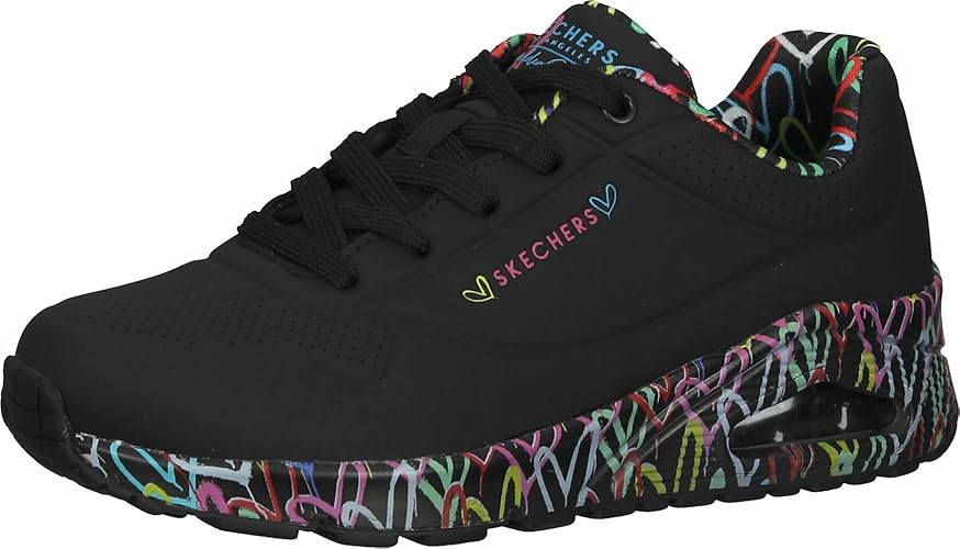 Skechers Women's Uno Love Sneaker - 7 UK - Black Durabuck Multi Colored Mesh Trim