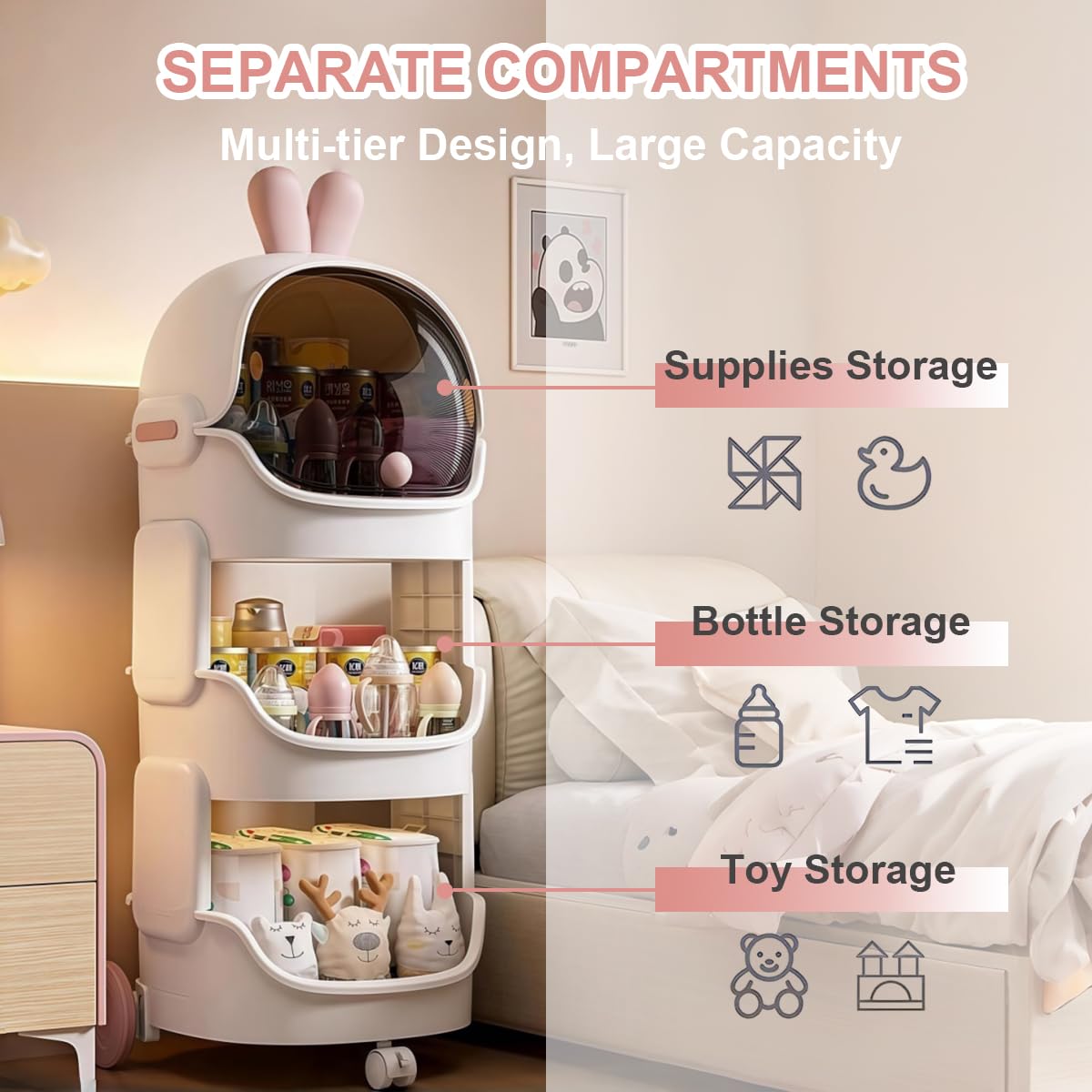 Space Bunny Toy Storage Organizer with Wheels & Top Lid, 4 Tier Foldable Kids Storage Shelf, Stackable Rolling Cart with Brakes for Baby Nursery, Playroom, Bedroom