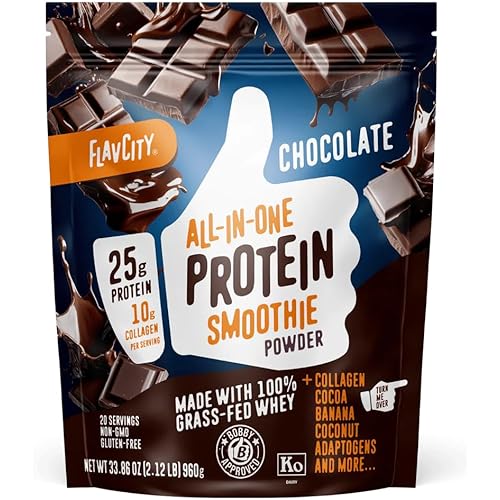 FlavCity Grass Fed Whey Chocolate Protein Powder - 25g Protein & 10g Collagen - Made with Organic Cocoa, Bananas & Coconut Milk - Gluten Free & No Added Sugars (20 Servings)