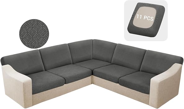 HDCAXKJ Waterproof Sectional Couch Cushion Covers 11 Pieces Stretch Jacquard L Shaped Corner Sofa Slipcover Back Cover Soft Sofa Seat Cushion Covers for Dogs Pet 5 Seater and 6 Backrest, Dark Gray
