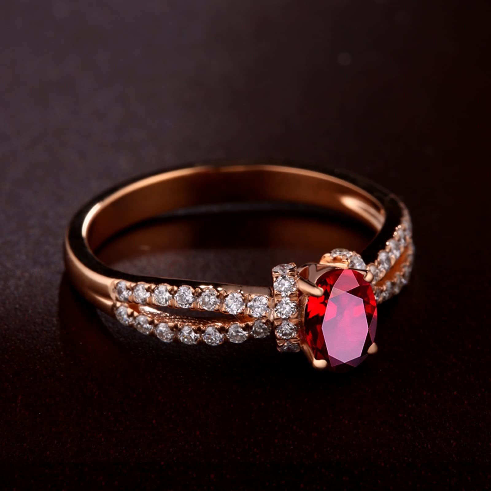 Anillo de mujer vintage, anillos de mujer de oro rosa de 18 quilates de 0,57 ct con diamante y rubí redondos de dos hilos rojos, ovalado, alianzas de compromiso para mujer