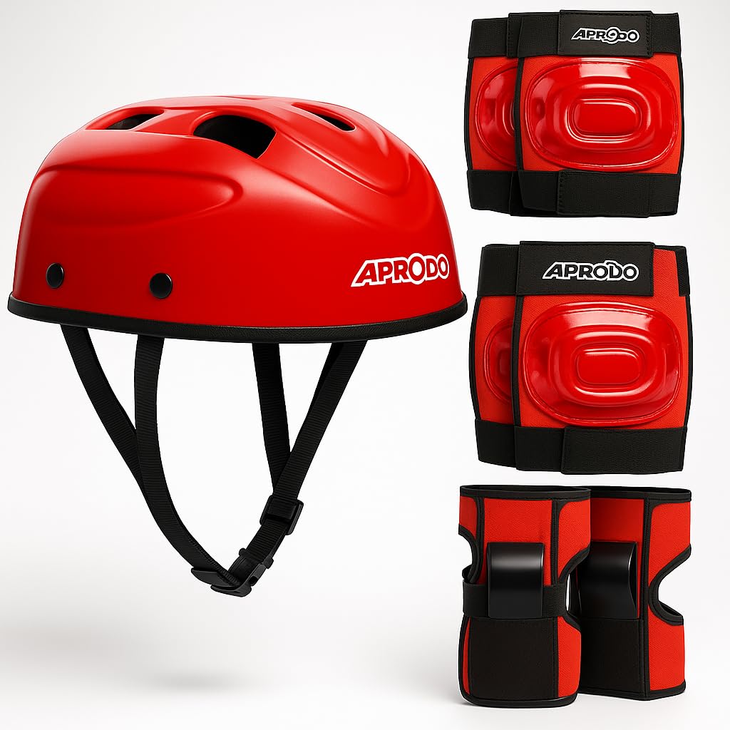 Aprodo Kids Sports Protective Gear Set | from Beginner to Advanced | for Ages 3-5-8-14 Boys & Girls | Includes Knee & Elbow Pads, Wrist Guards | Ideal for Skateboarding, Cycling & Scooter (Red)