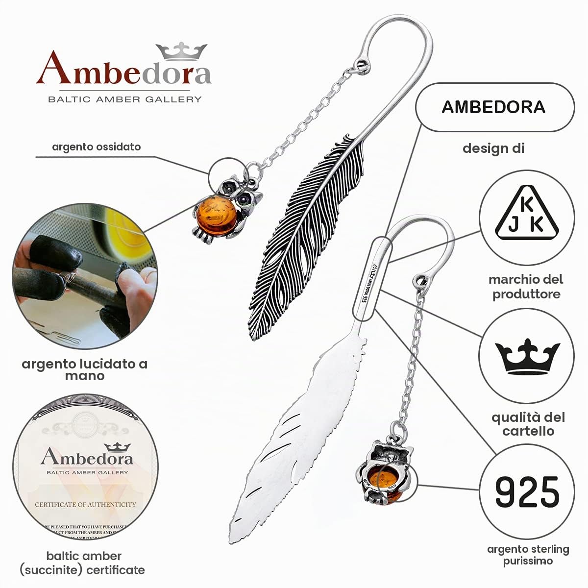 Segnalibro argento 925 ossidato, ambra baltica rotonda in colore cognac, gufo piccolo in argento con ambra L. 8,2 cm