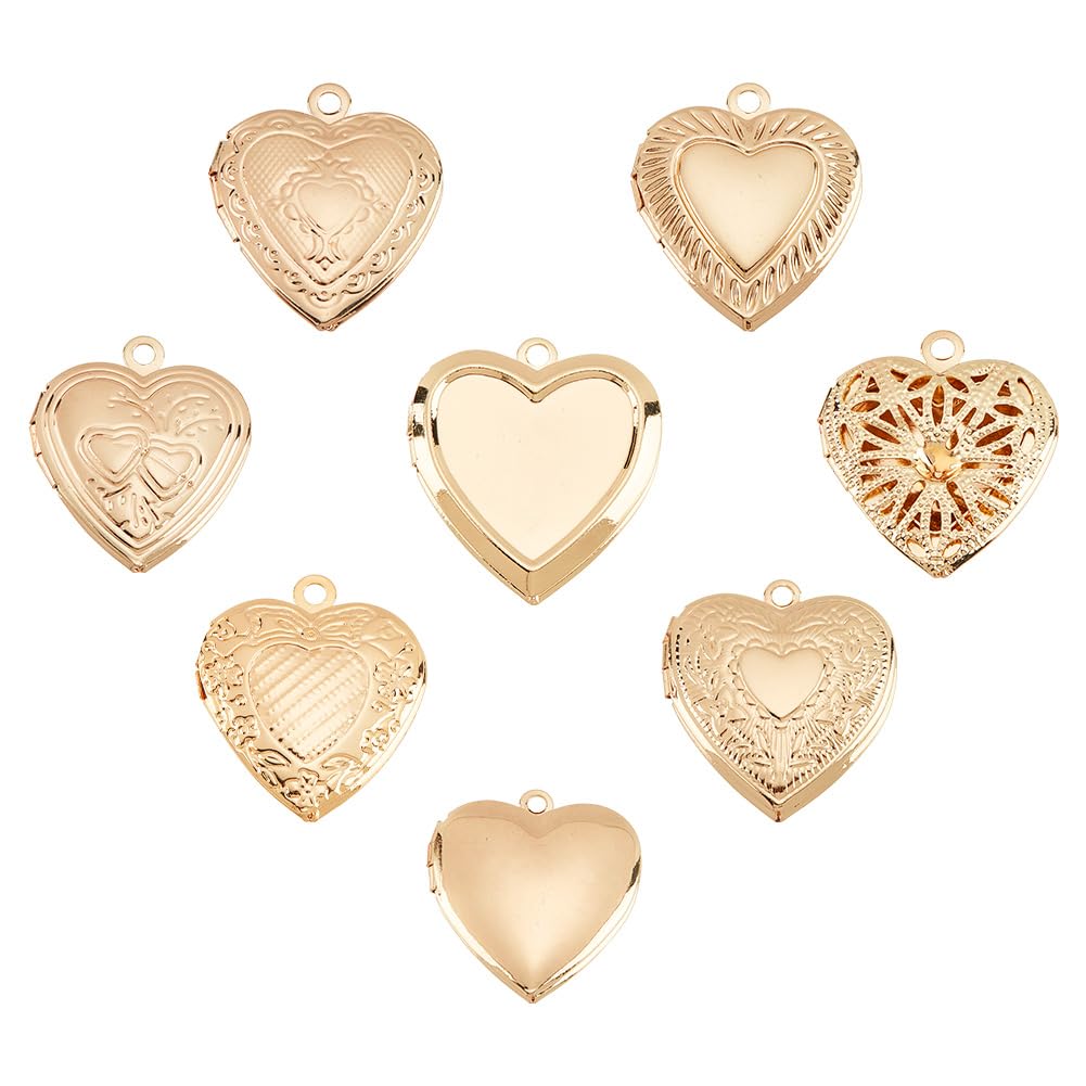 PH PandaHall 8pcs Heart Locket Charms 8 Style Photo Frame Charms Golden Memorial Collection Charms Locket Charms Pendants for DIY Wedding Necklace Jewellery Bracelet Keychain Making