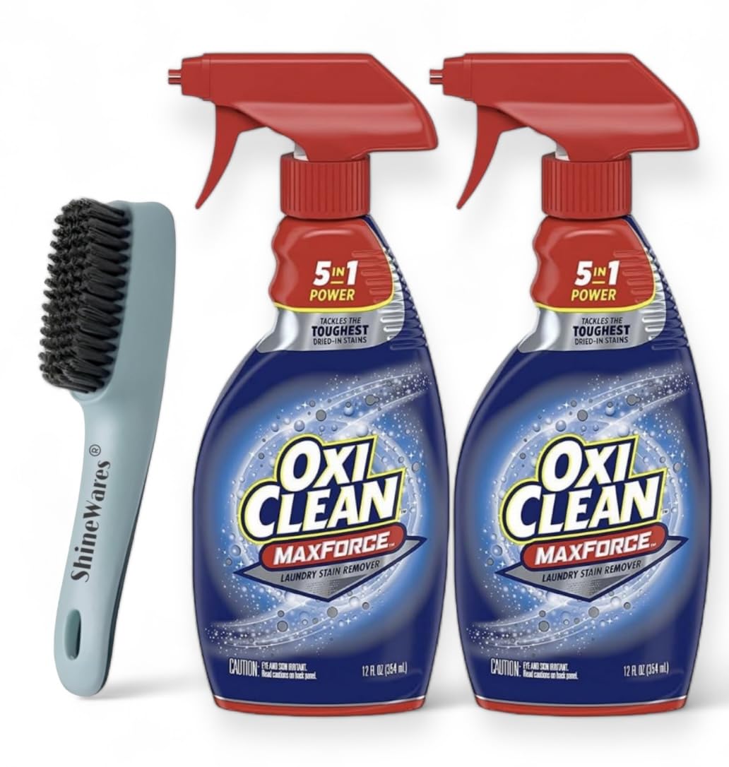 Oxi Clean Max Force Spray Pack of 2, Laundry Stain Remover, 12 Ounce, Bundle with Shinewares Laundry Stain Remover Brush for Scrubbing Out Tough Stains