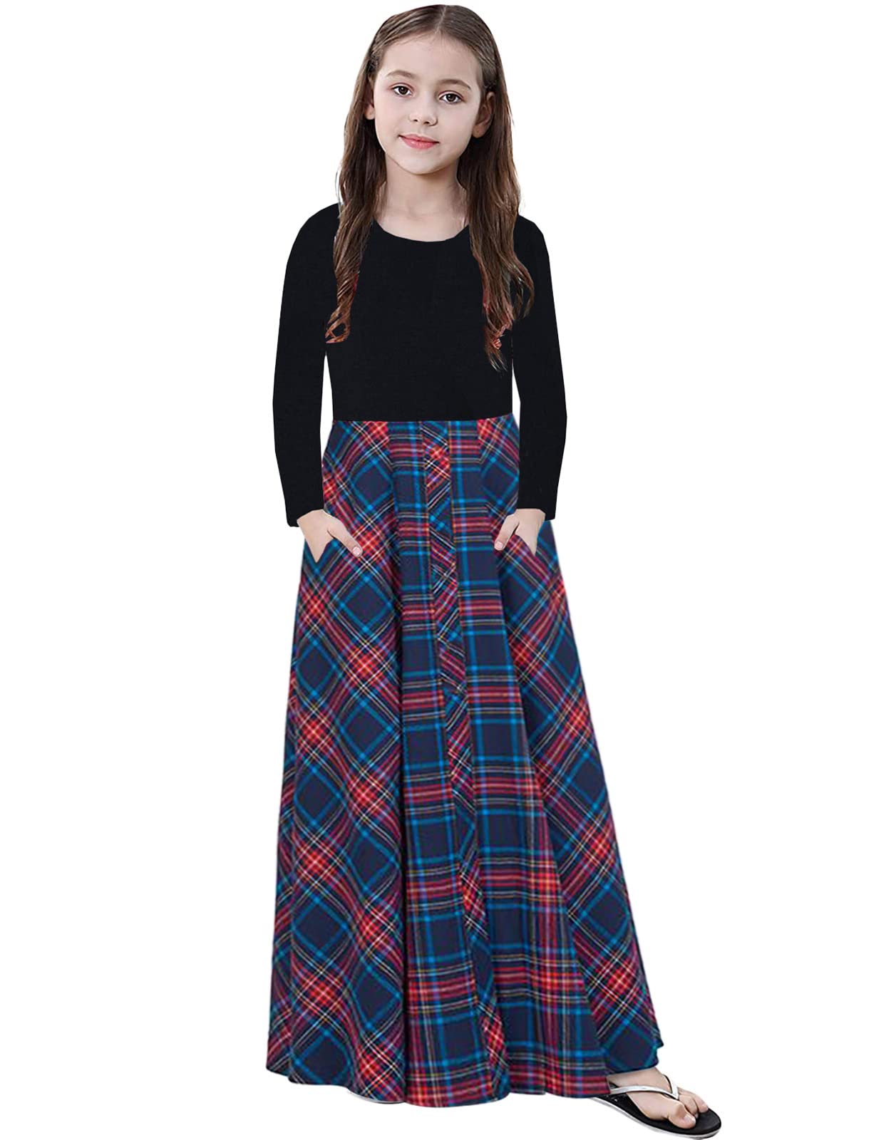 KYMIDY Maxikleid für Mädchen, Büffelkaro, kariert, langärmelig, Freizeitkleider mit Taschen, für Mädchen von 6–14 Jahren