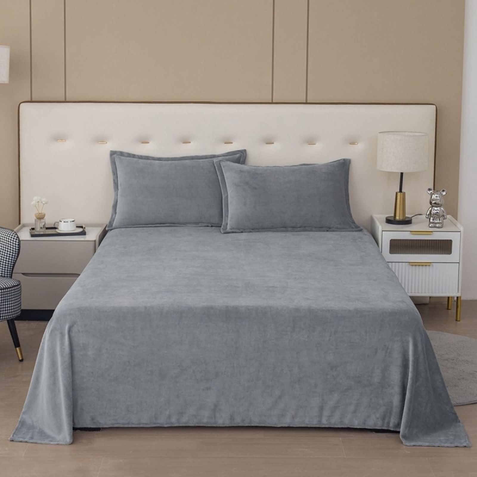 Pack de 3 Piezas Sábanas Encimeras Terciopelo Suave, Color Sólido, 180 x 230 CM + 2 Fundas de Almohada, Sábanas Encimeras Gris
