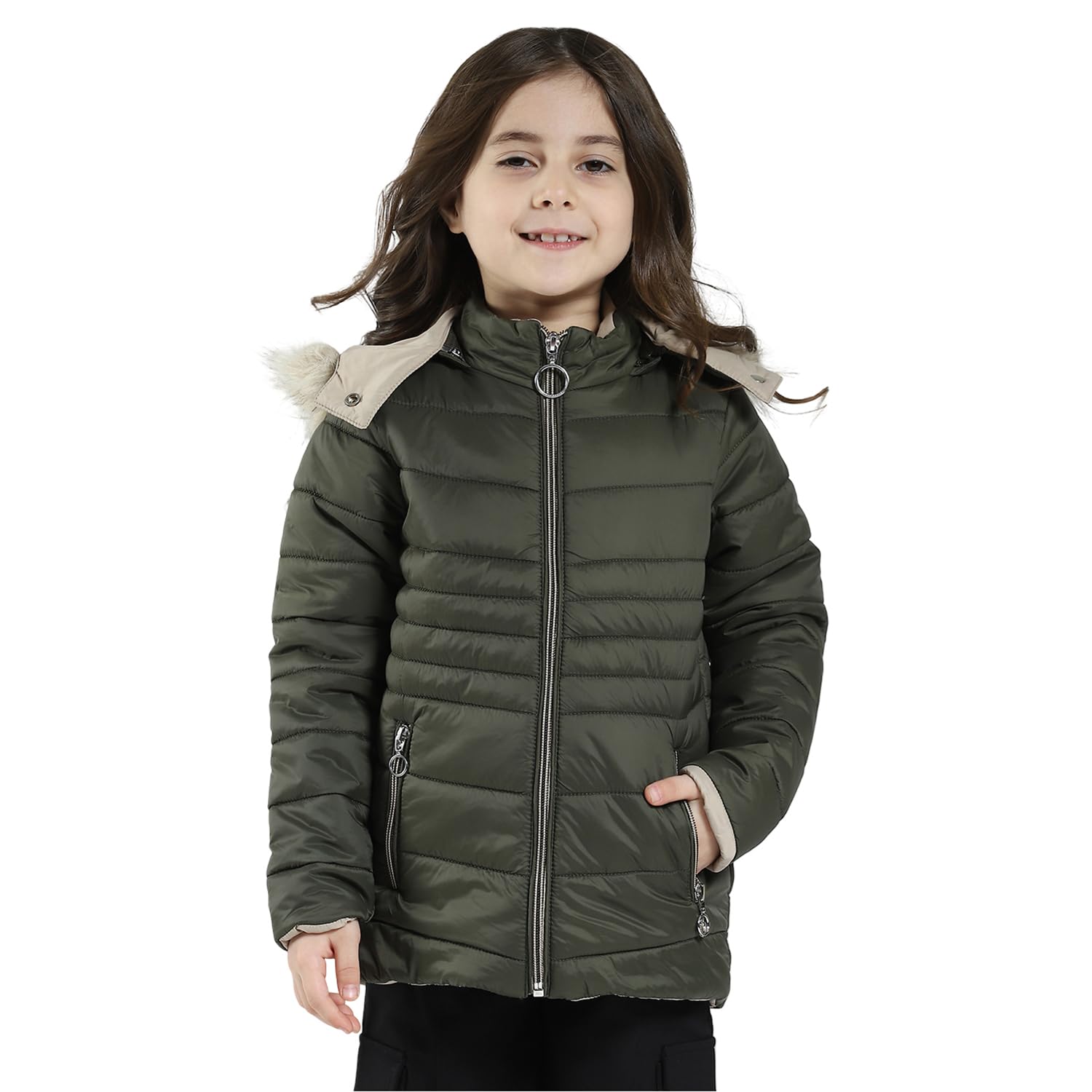 Monte Carlo Girls Full-Sleeve Winter Hooded Jacket | Stylish & Warm Puffer Jacket for Winter | Detachable Hood | Solid Color Long Sleeves Jacket with Zipper Closure For Girl