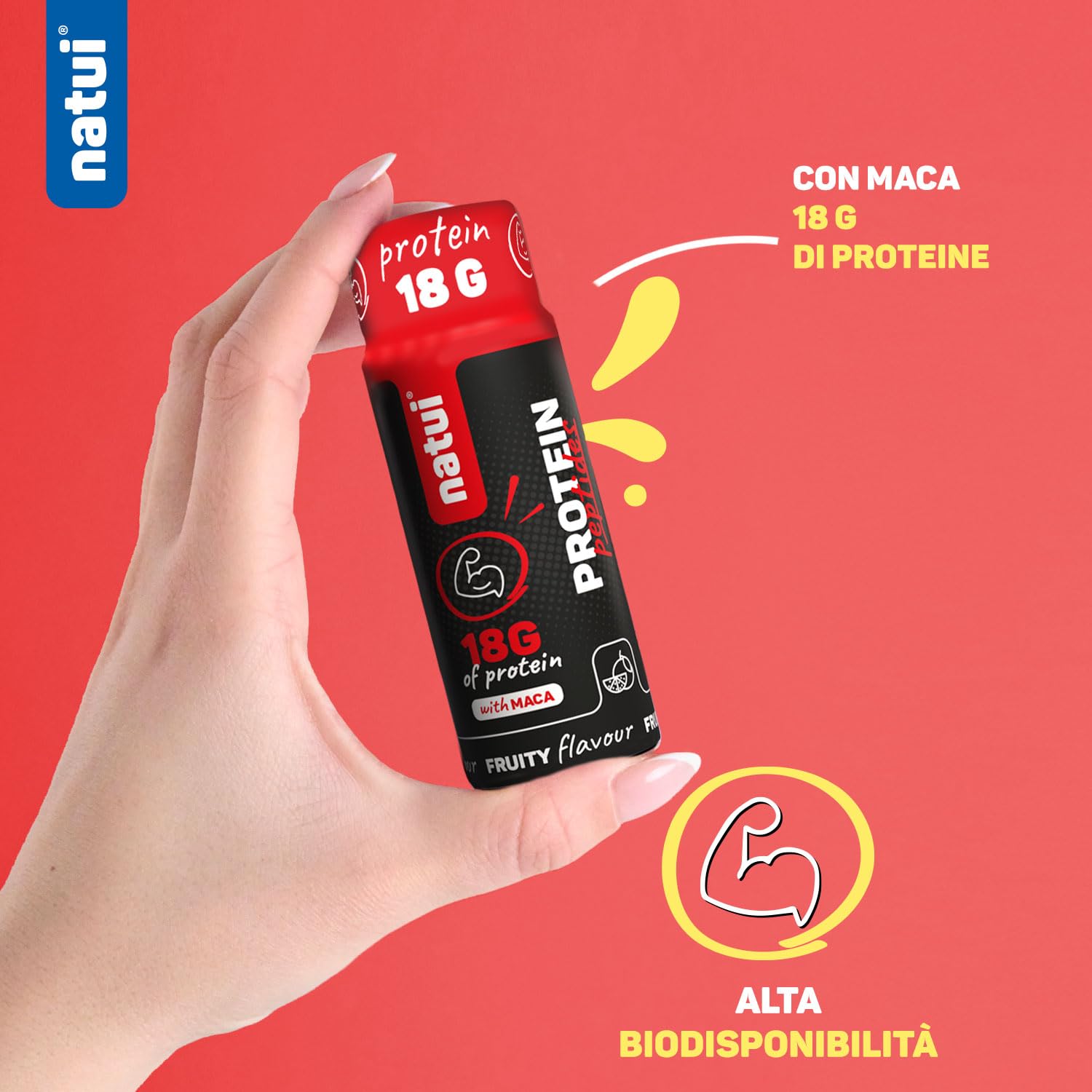Natui Protein Peptides - Shot Booster Pronti da Bere - Con 18 g di Proteine da Peptidi di Collagene Idrolizzato, Maca ed Estratti di Frutta - Senza Glutine e Senza Zuccheri Aggiunti - Box da 6 x 60 ml