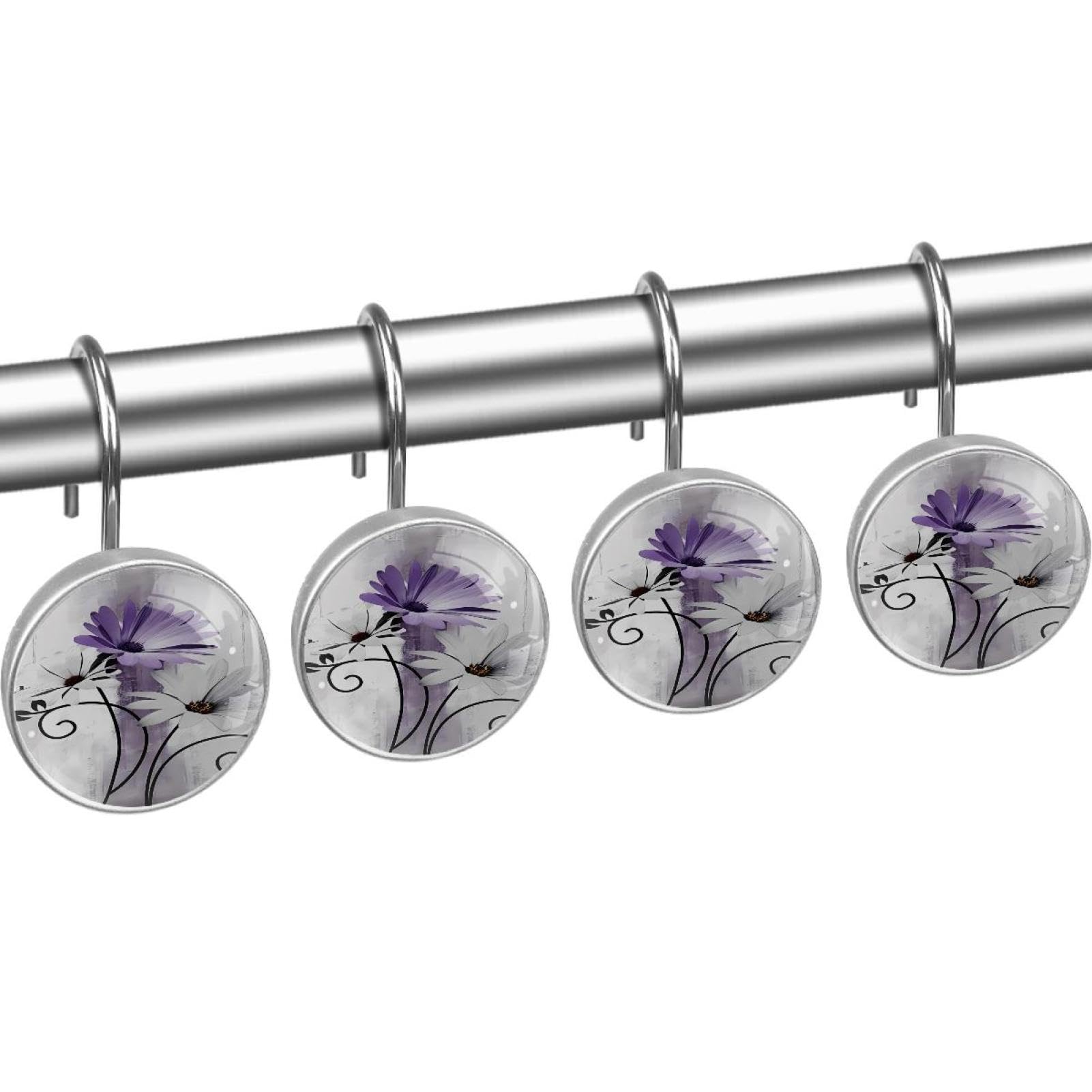 White Purple Daisy Decorative Shower Curtain Hooks Rings Set of 12 Hooks for Shower Curtain Rustproof Curtain Rings for Bathroom