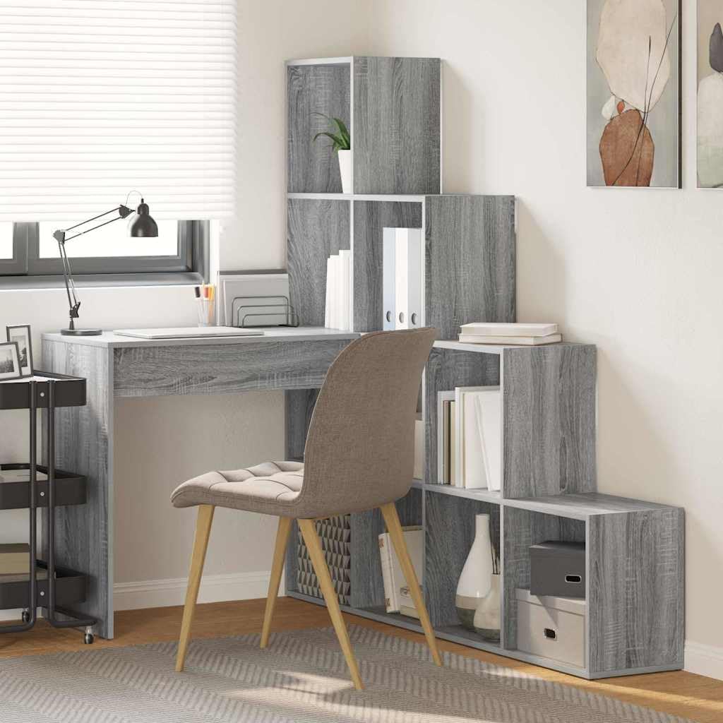 Scrivania angolare grigio Sonoma 149,5 x 101,5 x 149,5 cm, scrivania angolare salvaspazio con ripiano, scrivania per computer a forma di L, in legno, per casa e studio
