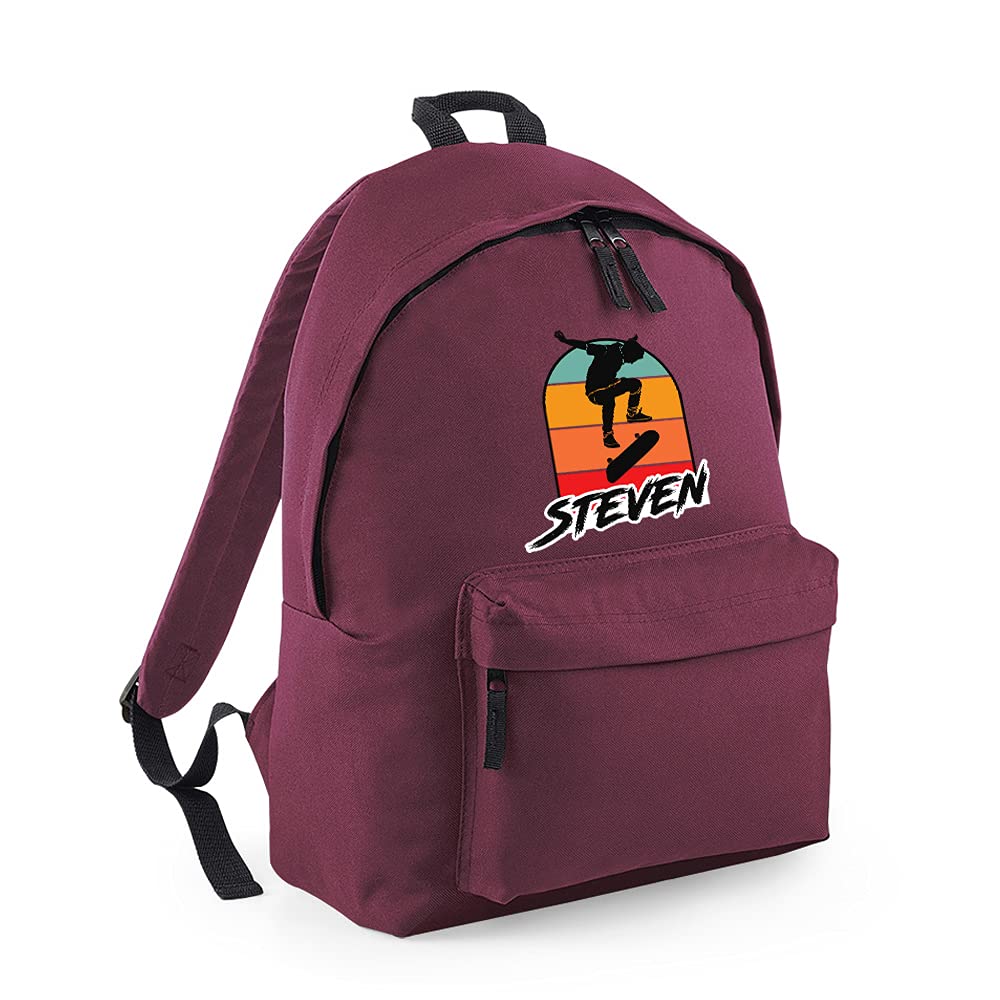 Getagift Personalised ANY NAME Skateboarding, Silhouette Skater, Skateboarder Gift for Unisex Kids Boys/Girls/Toddler/Children, Fashion Backpack for Nursery, Rucksack Shoulder Bag. (Burgundy)
