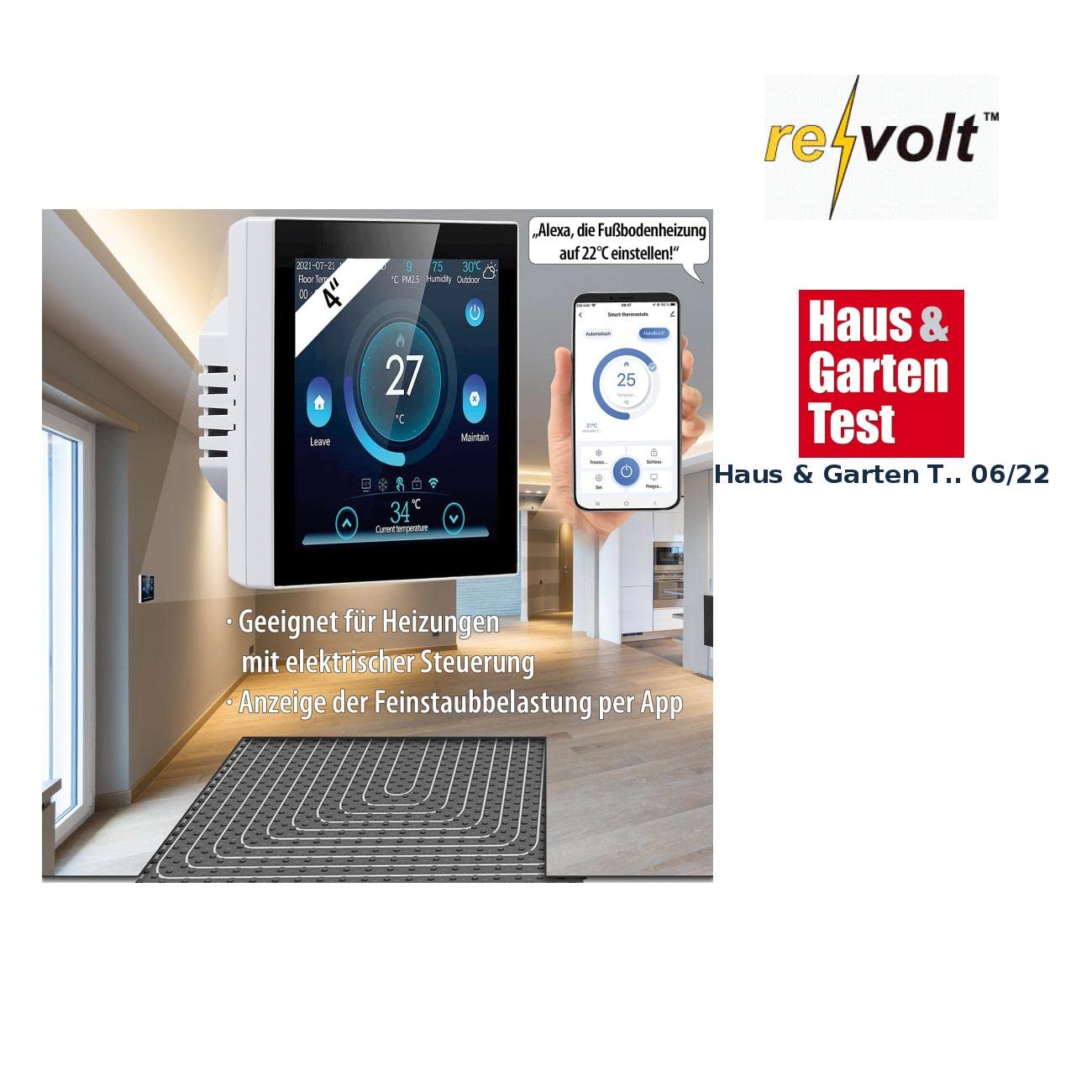 revolt Thermostat WLAN Heizung: WLAN-Fußbodenheizung-Thermostat mit Touchdisplay, Feinstaub-Anzeige (Steuerung, Raumthermostat Aufputz, Funk)