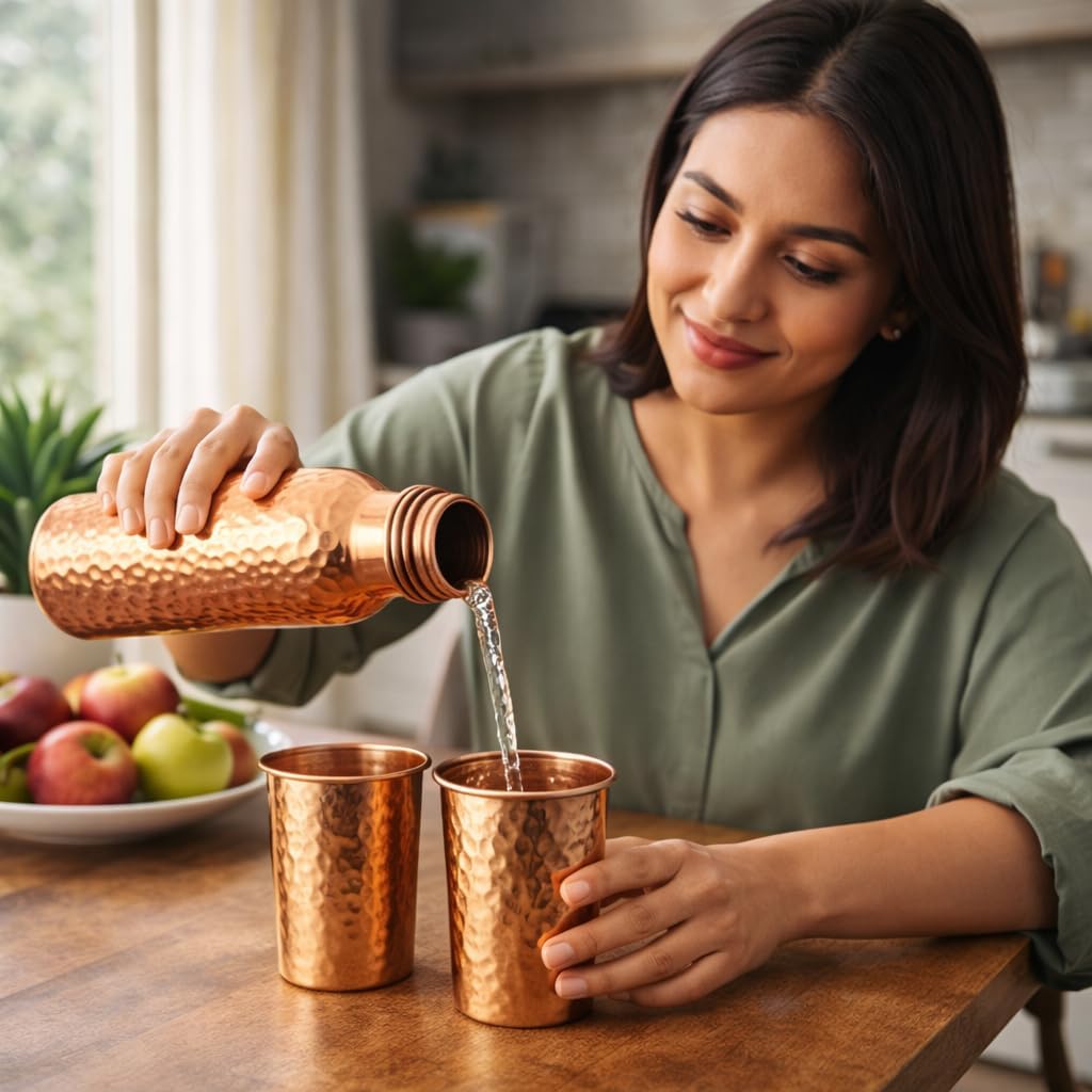 Handmade Hammered Copper Water Bottle, 100% Pure Copper, 34oz/1000ml Capacity, Leak Proof, Reusable for Running and Sports
