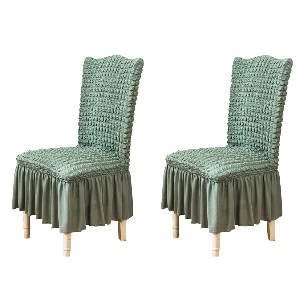 XMNTG Dining Room Chair Covers with Skirt Stretch Green High Back Chair Cover Ruffle Elegant Seersucker Chair Cover Washable Furniture Protector for Dining Room Ceremony Party Set of 2 (Green, 2pc)