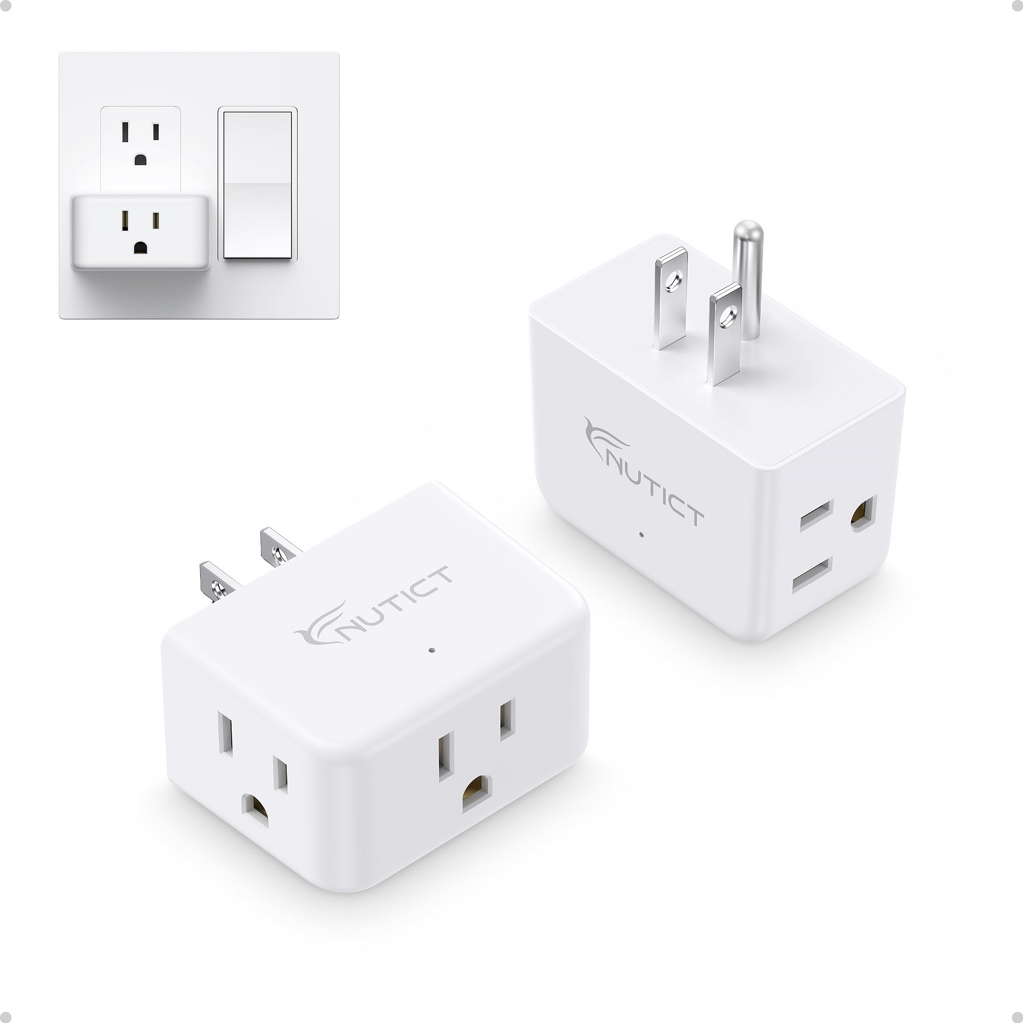 NUTICT Outlet Extender 2 Pack, ETL Listed, Multi Outlet Wall Plug Extender with 3 Outlets, 3 Way Plug Extension Outlet Splitter, Cruise Ship Essentials, Easy to Pack for Travel, Business Trips, White