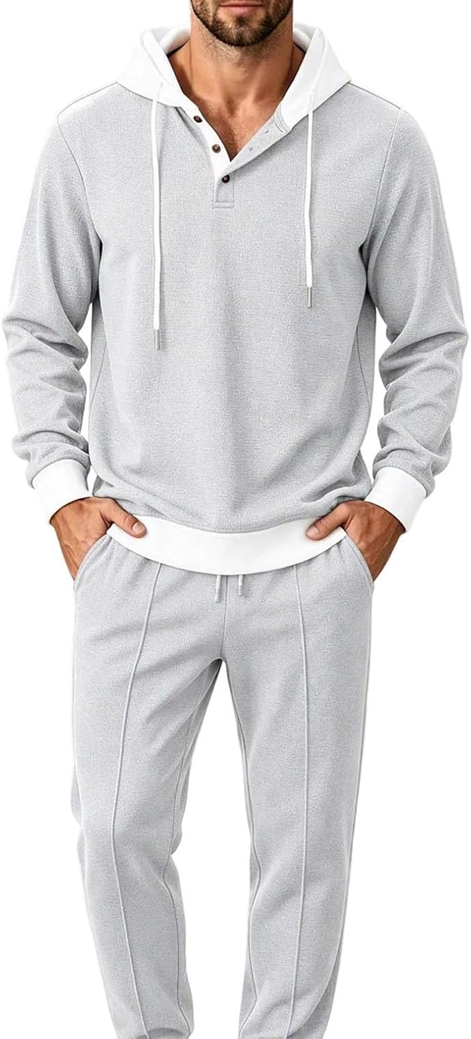 Men 2 Piece Tracksuit Set Contrast Trim Henley Top and Jogger Pant