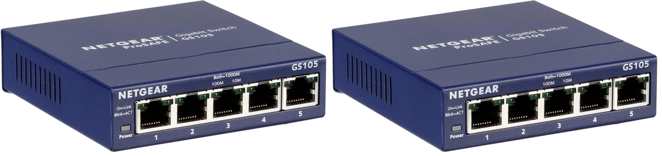 NETGEAR GS105GE LAN Switch 5 Port Netzwerk Switch (Plug-and-Play Gigabit Switch LAN Splitter, LAN Verteiler, Ethernet Hub, lüfterloses Metallgehäuse, ProSAFE Lifetime-Garantie), Blau (Packung mit 2)