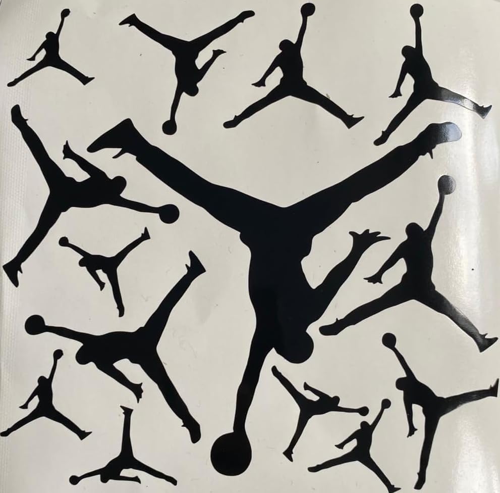 20 Assorted Compatible Air Jump Man Dunk Vinyl Sticker Vinyl Decal + Free 6 Swishes Label Birthday Party, & More (Black)