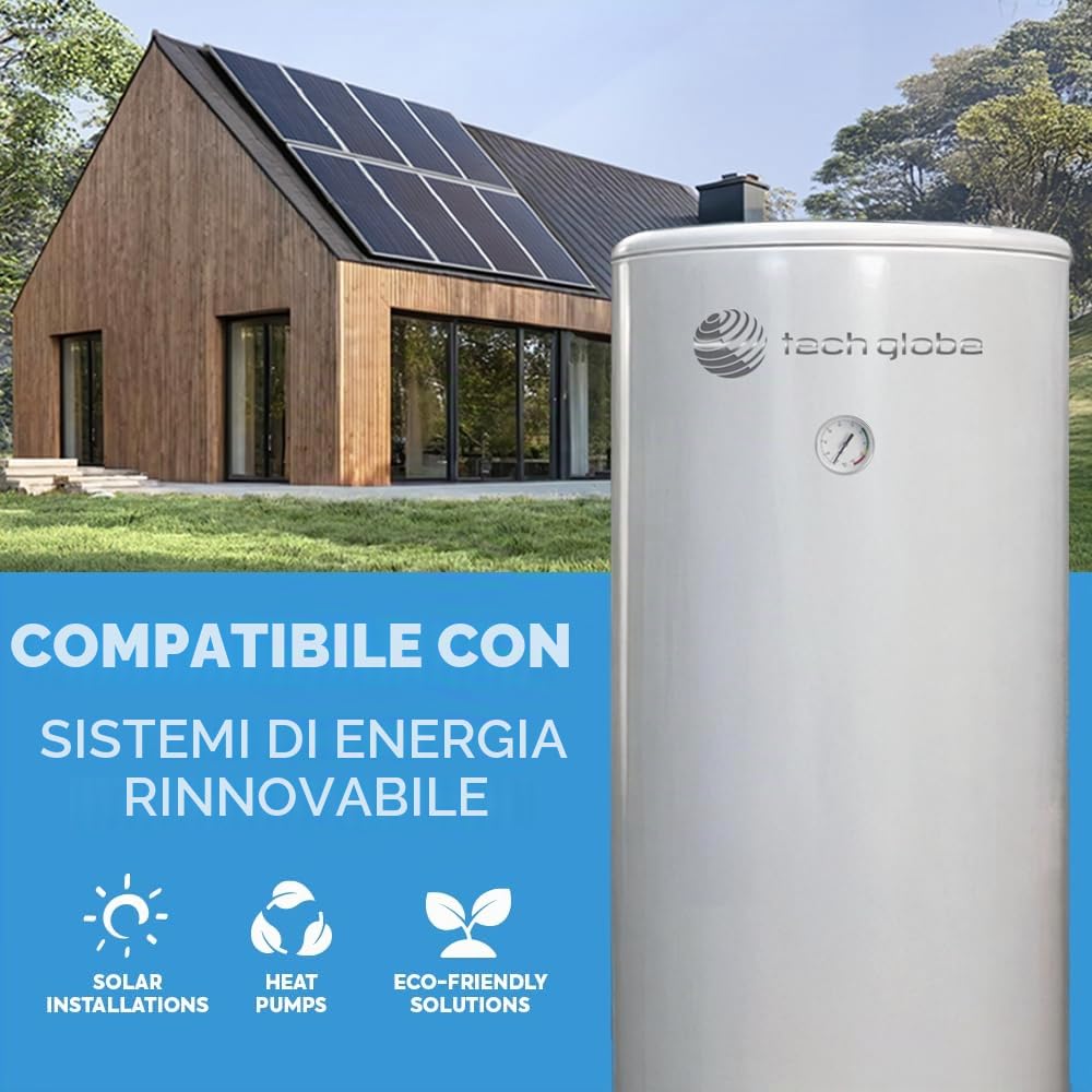 TECHGLOBE - Serbatoi acqua calda - 2 scambiatori di calore (1,8 + 2,4 m²) - acciaio inox - Efficienza energetica - con isolamento da 50 mm - Accumulatore di acqua calda (200 L)