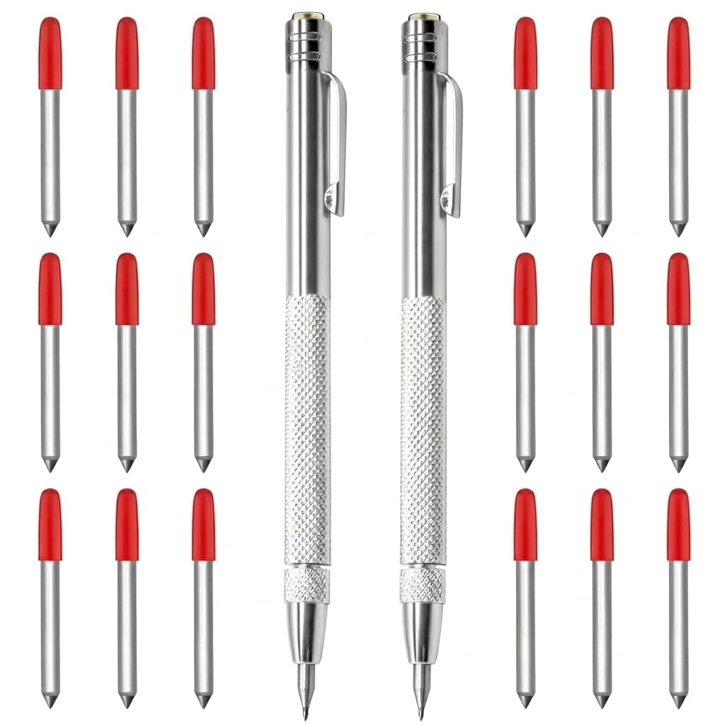 Pluvikon 2 Pcs Tungsten Carbide Scriber Set, Aluminium Engraving Pen with Replacement Marking Tips, Metal Scribe Tool with Non-Slip Aluminum Handle for Glass Ceramics Wood Metal Marking Engraving
