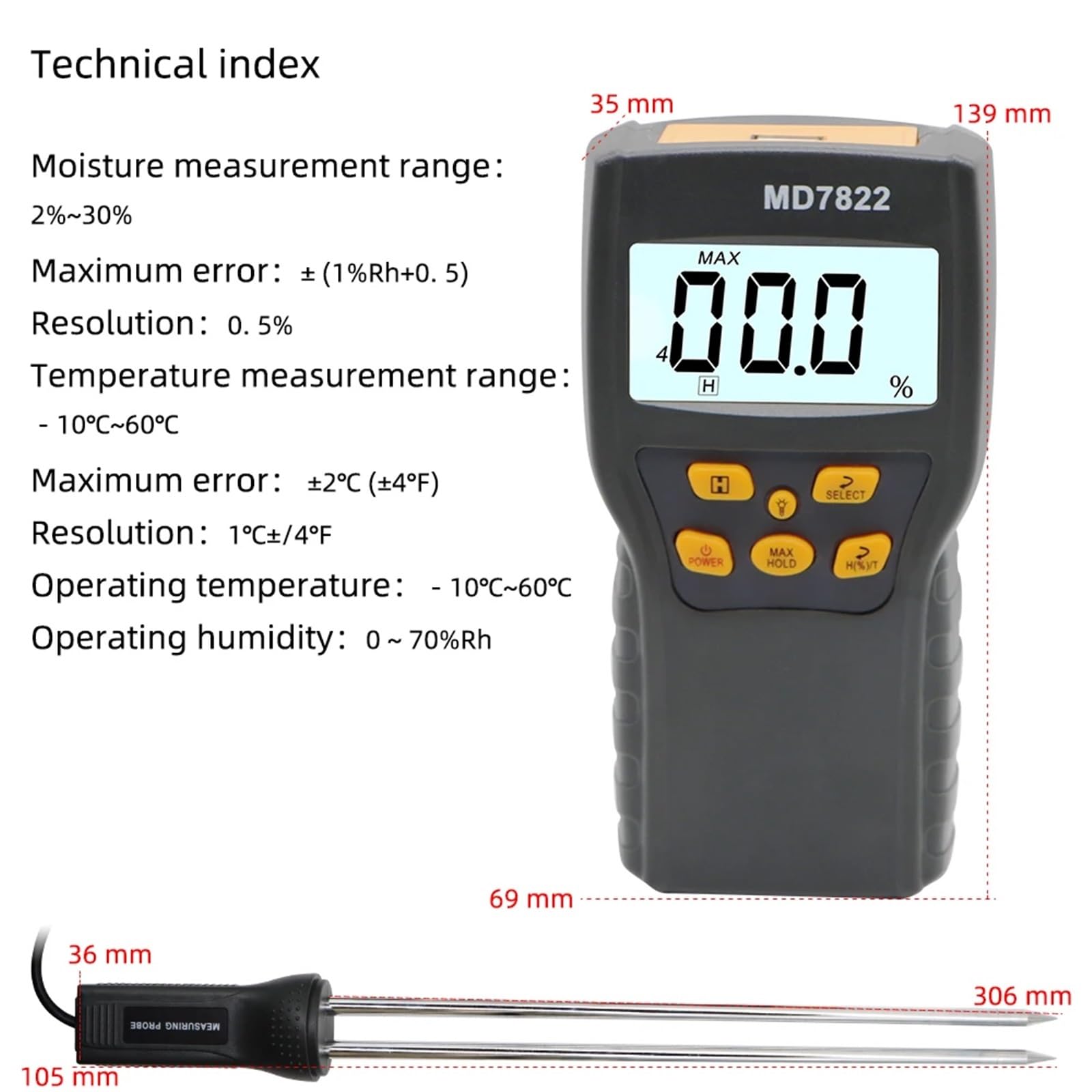 Misuratore di umidità digitale for cereali Sonda altamente sensibile Tester di umidità Display LCD Rilevatore di temperatura igrometro for mais e riso,Giardino,Prato,Interno,Uso esterno