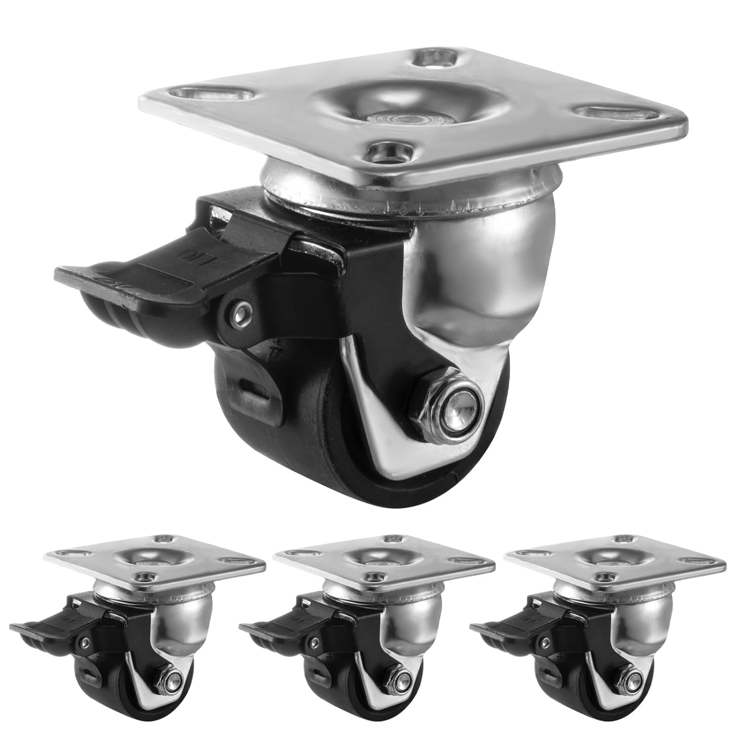 2 Inch Casters Wheels, Heavy Duty Casters Set of 4, Low Gravity Center Industrial Grade Casters with Brake 2200 LBS, Plate Swivel Caster, Durable Nylon Wheels for Machine, Equipment
