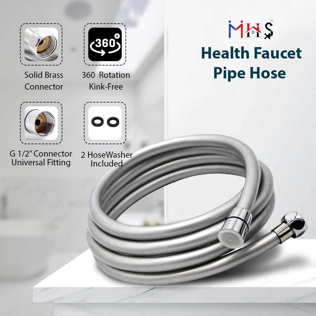 MHS Premium Health Faucet Hose Pipe – Flexible Gray PVC Tube for Bathroom Hand Shower & Faucet | Durable & Leak-Proof | Heavy Duty Brass Fittings | Made in India (2 Meter) 1